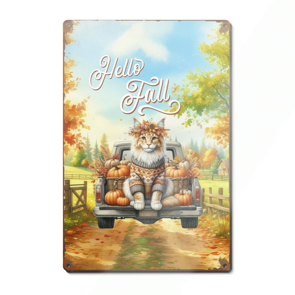 Hello Fall Autumn Maine Coon Pumpkins Pickup Truck Vertical Metal Aluminum Sign Cat Lover Kitten Owner Gifts Wall Art Home Decor - 13011