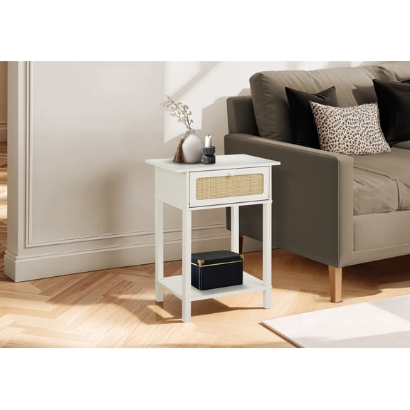 Dtwnek Beside Table with 1 Drawer and 1 Bottom Shelf, Wood Nightstand for Bedroom, Living Room, White