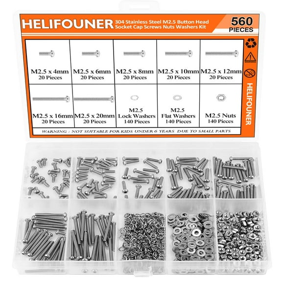 HELIFOUNER 560 Pieces M2.5 x 4mm /6mm /8mm /10mm /12mm /16mm /20mm, Button Head Socket Cap Screws Bolts Washers Nuts Kit, 304 Stainless Steel