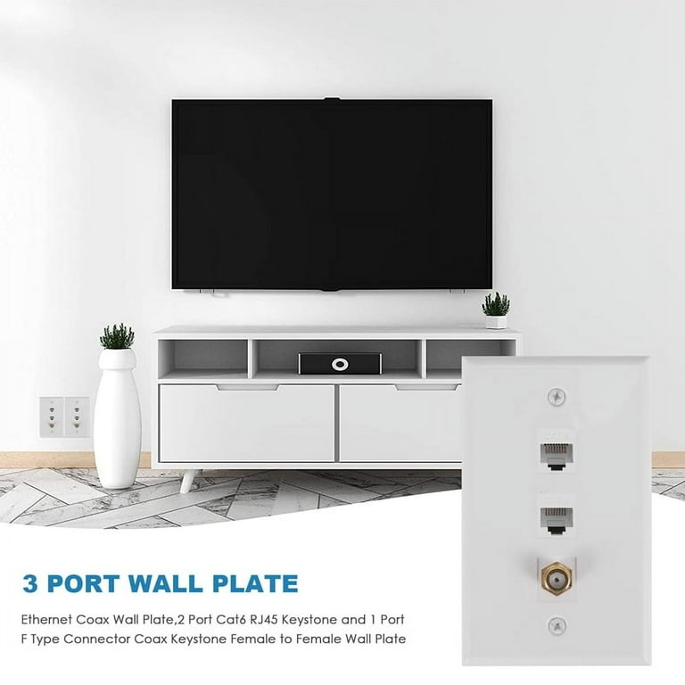 RiteAV - 2-poorts coax kabel TV- F-type en 1 poort Cat6 Ethernet decoratieve wandplaat - grijs