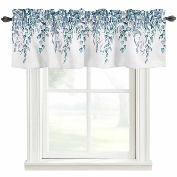 Teal Blue Eucalyptus Leaves Valances for Windows Summer Farmhouses Botanical Rod Pocket Curtain Valance Window Treatment Short Curtains for Kitchen Living Room, 54"x18"