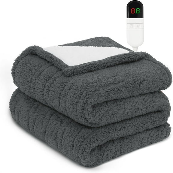 Heated Blanket Electric Twin 62"x84" Soft Double Sided Sherpa Heating Blanket with 8 Fast Heating Levels & 1-8H Auto-Off,Over-Heat Protection,Machine Washable, Grey
