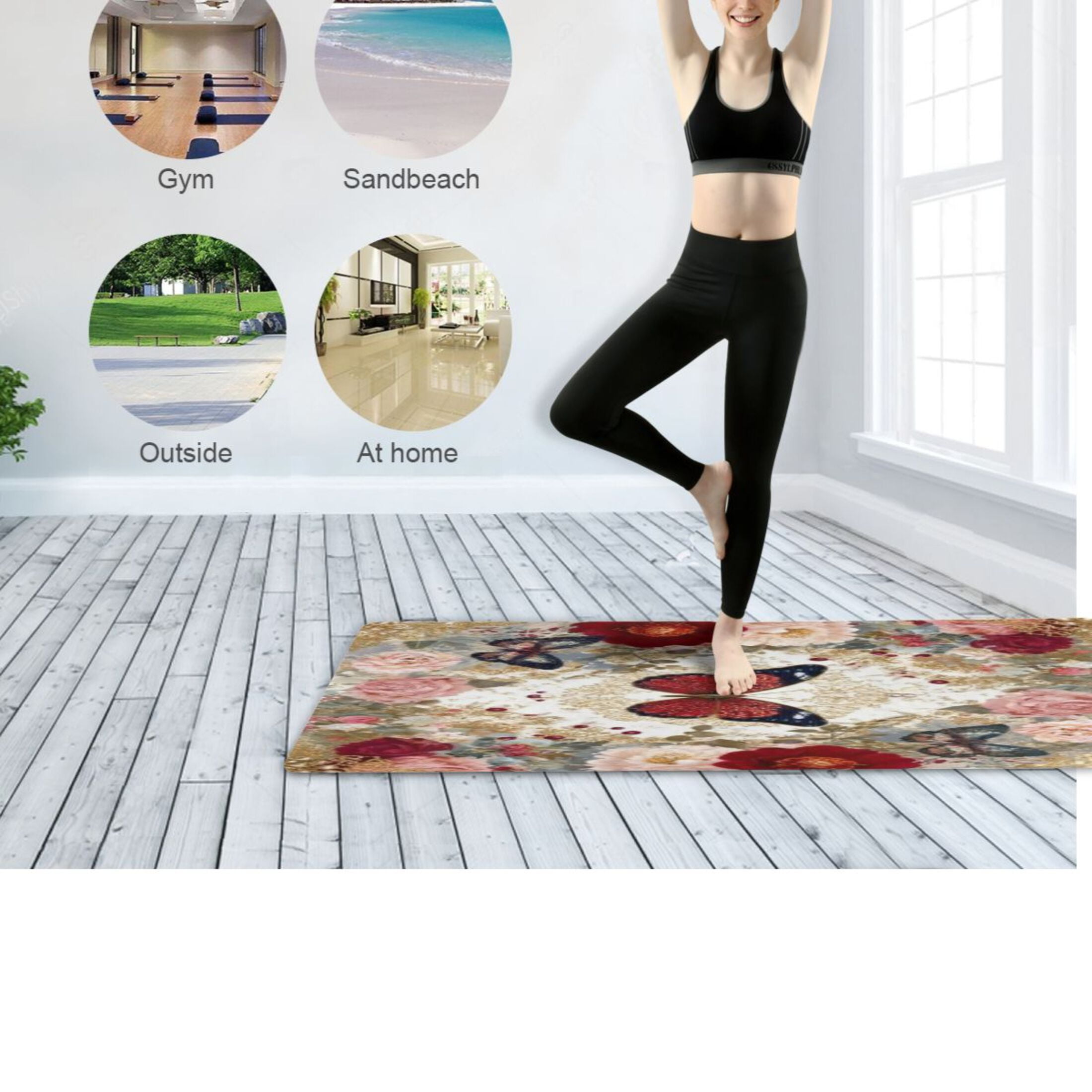 BZSMCE Yoga Mat Women Fitness Mat Blush Rose Jewel Butterflies Pattern