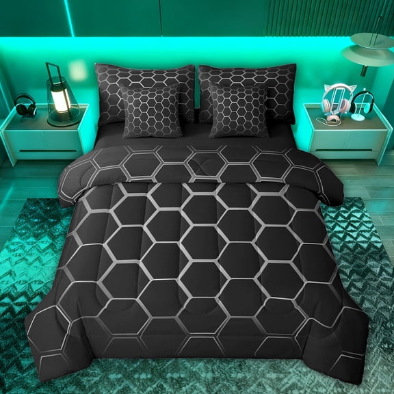 Feelyou Grey Honeycomb Bedding Comforter Set 7 Pieces, Modern Lines Ombre Full Bedding Set