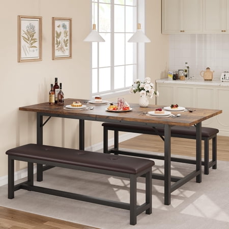 Soonbuy 3 Piece Dining Table Set for 4-6 63“ Large Extendable Kitchen Table Set Wood Rectangle Kitchen Table with 2 Soft Benches for Small Space Apartment Dinner Saving Space Retro Brown
