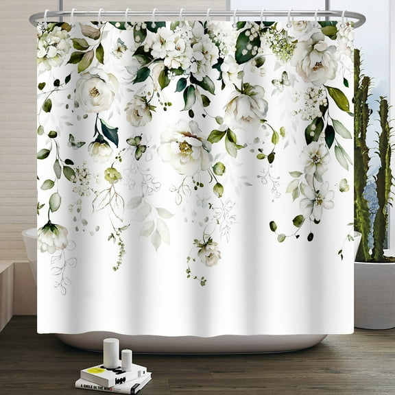 Mizhona Sage Green Floral Leaves Shower Curtain Waterproof Polyester Bathroom Bathtubs Decor With Hooks 72"X72"