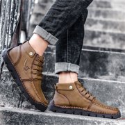 Xfvqtps Mens Ankle Boots British Large High Top Outdoor Loafers Lace Up Motorcycle Cowhide Fashion Casual Shoes Leather Shoes Trendy Large Size Breathable Driving Shoes Khaki