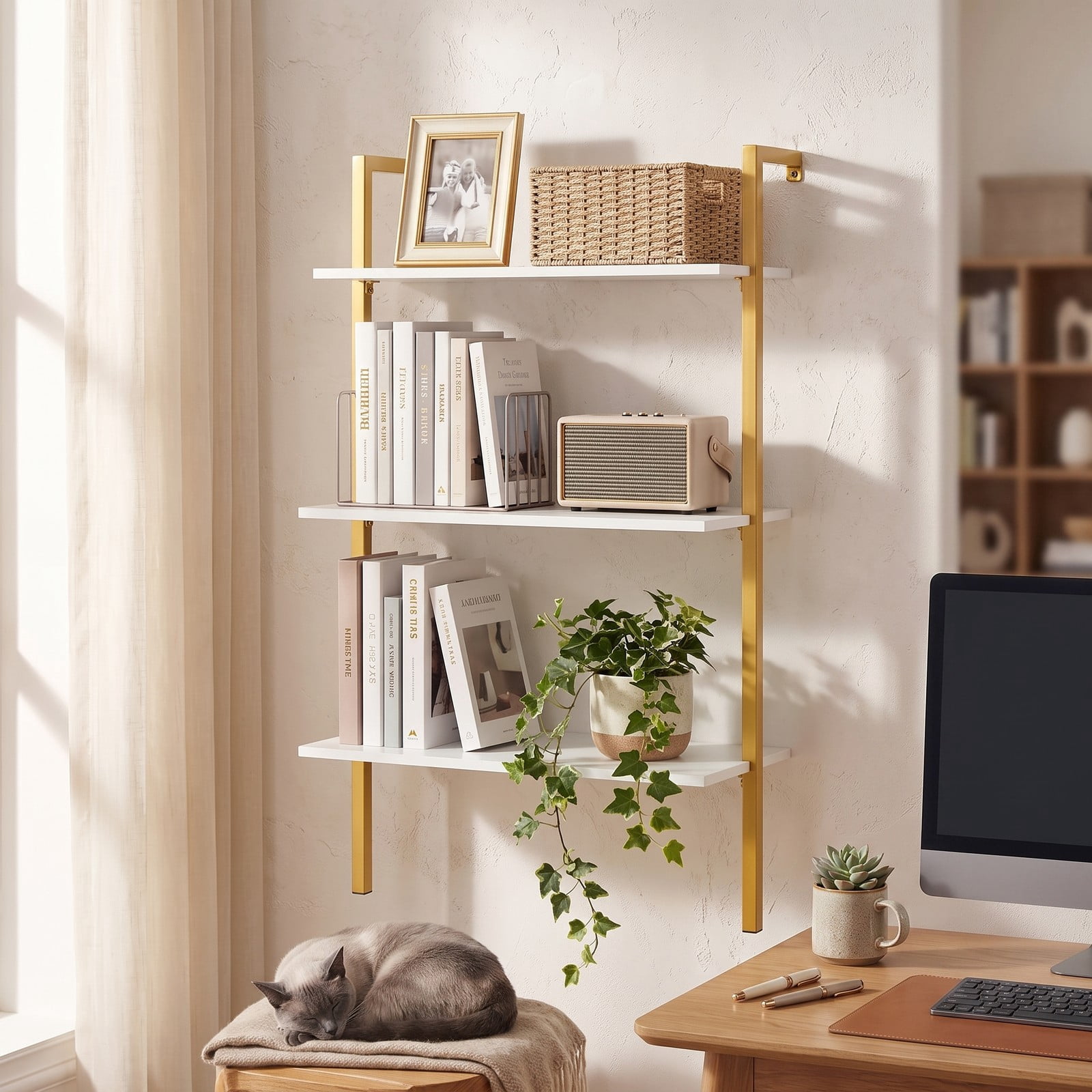 Furnibear 3-Tier Wall Mounted Floating Shelves, Modern Metal Ladder Bookshelf Wood Storage Display Shelving Unit for Kitchen Bathroom Living Room Home, Gold and White