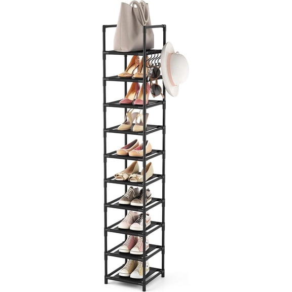 Tall Narrow Shoe Rack for Entryway, 10-Tier Sturdy Metal Shelf Storage 10-15 Pairs of Shoes and Boots, Space Saving Corner Organizer Closet,Doorway,Garage,Living Room