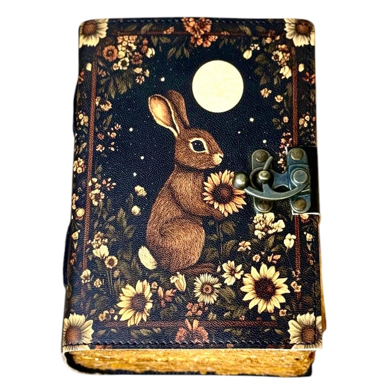 Handmade Leather Journal with Moon & Rabbit Artwork – 5x7 Inch Vintage Notebook with 200 Deckle Paper Pages, Antique Clasp, Rustic Animal-Themed Writing Diary