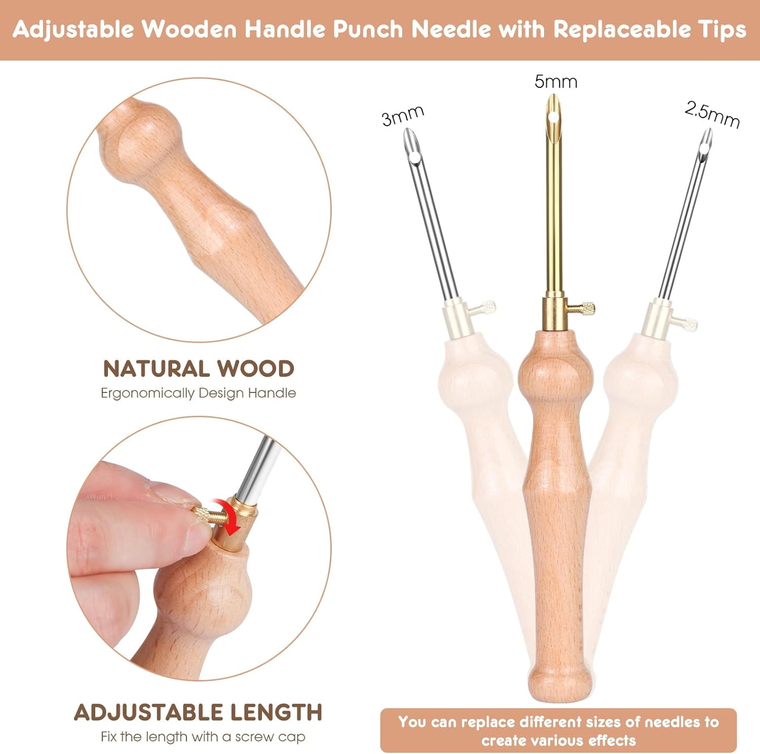Punch Needle Embroidery Kit - Adjustable Tool, Wooden Handle Pen, Hoops, Cloth, Big Eye Needles, Threaders (Pink)