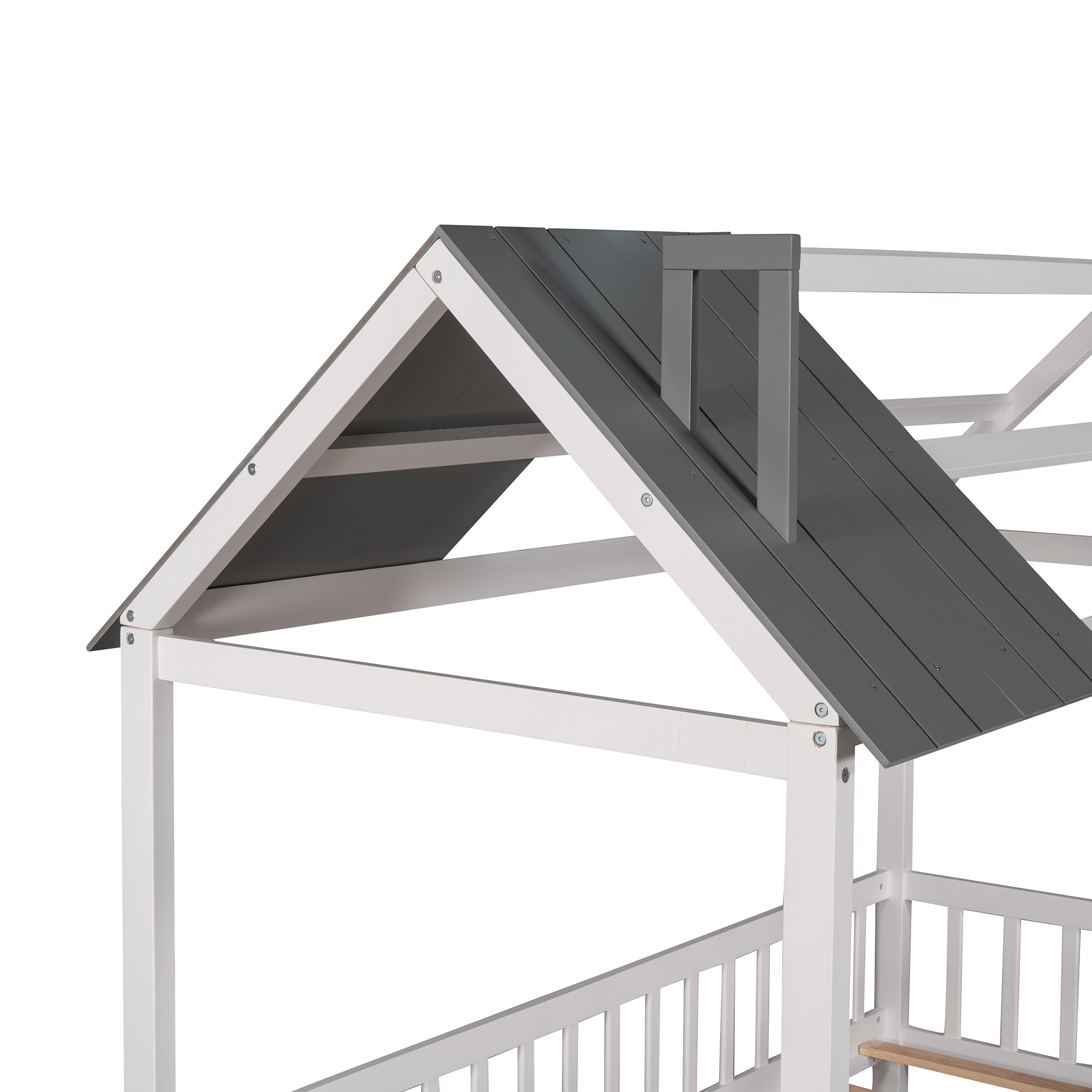 Aukfa Twin House Bed with Fence and Roof, Wood Montessori Bed for Kids, Teens - White/Gray