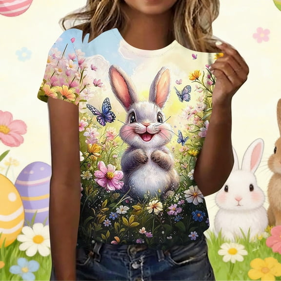 VKOYWKM Easter Bunny Tshirts for Women Funny Easter Rabbit Eggs Graphic Tees Casual Short Sleeve T Shirts Summer Crew Neck Holiday Top Tshirts