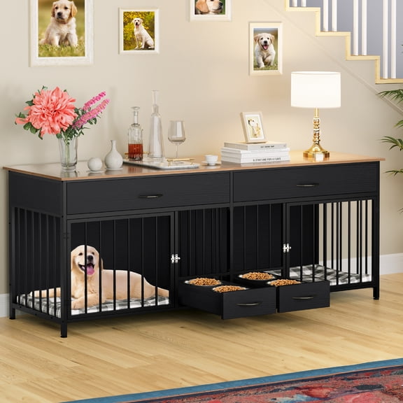 SAEWUD Indoor Wooden Dog Kennel for 2 Dogs – Large Double Dog Crate Furniture with Feeder, TV Stand Top, Storage Space for Living Room or Bedroom