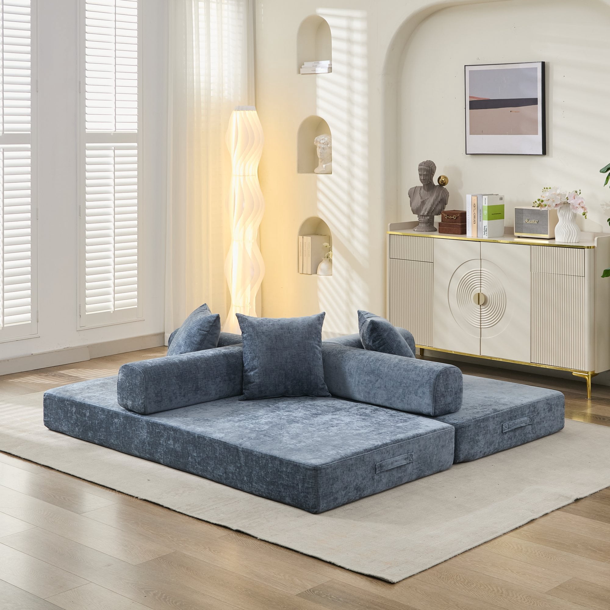 Folding Mattress Sofa Bed, 79'' Foldable Sleeper Lounge Modular Couch, Sleeper Sofa Couch with Armrest and Pillows, Chenille Floor Sofa Lounge Couch for Living Room Bedroom,Blue