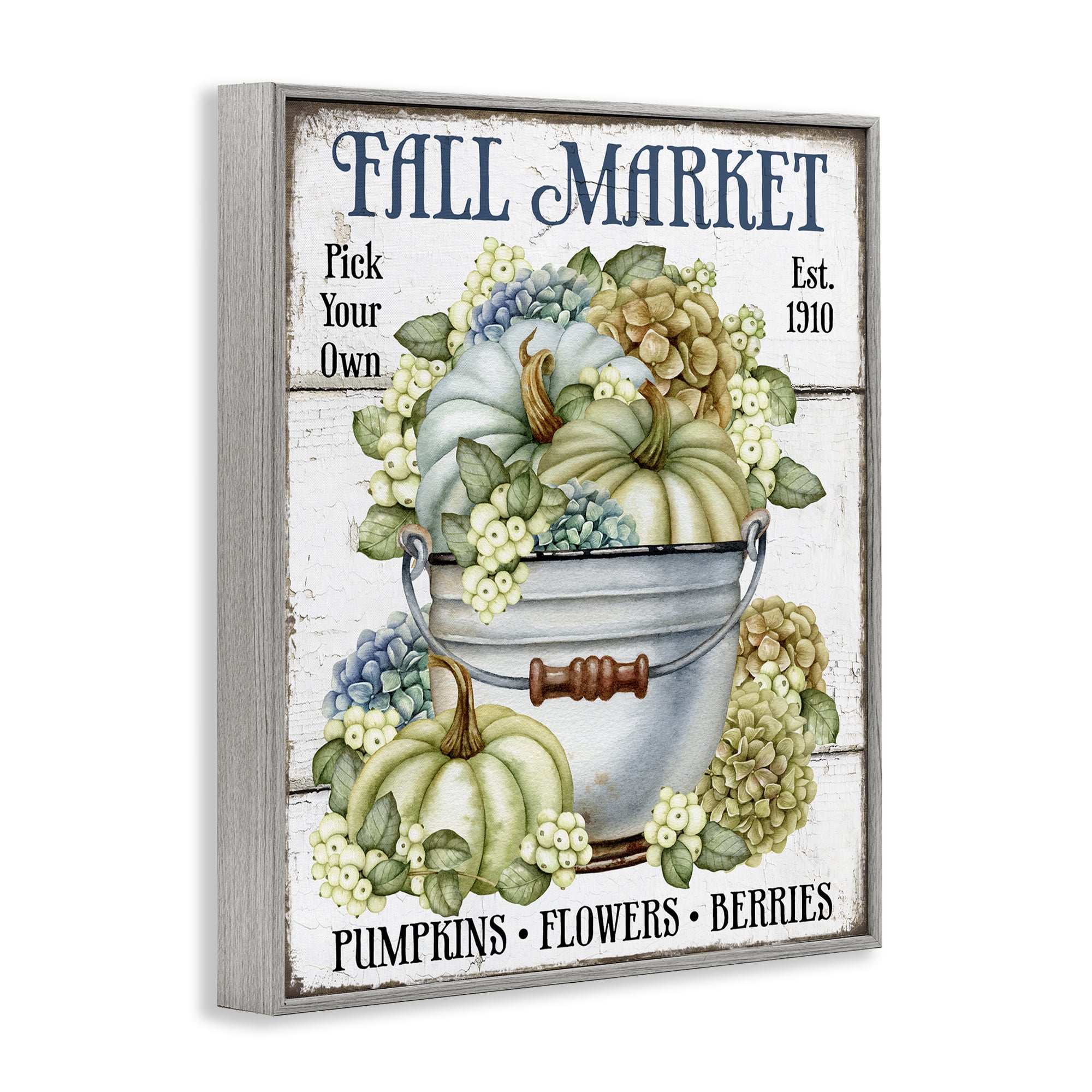 Stupell Industries Vintage Pumpkins & Hydgrangea Holiday Painting Gray Framed Art Prints Wall Art, 11 x 14