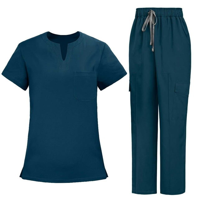 Short Sleeve Dress for Women, Solid Color Loose Drawstring Pants Pocket Caregiver Short Sleeve V-Neck Blouses Nursing Uniform Set