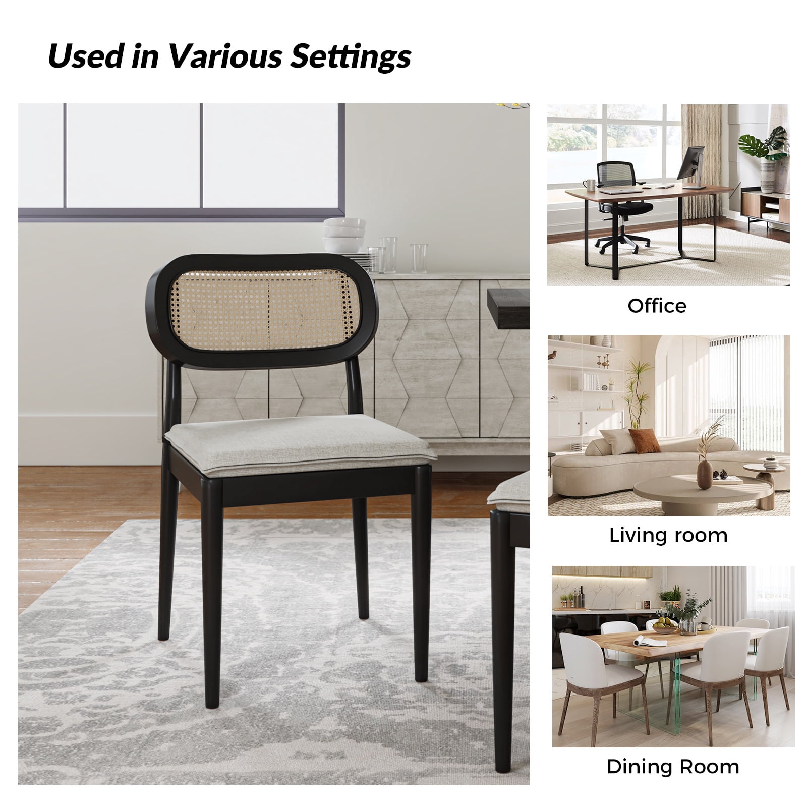 Farmhouse Dining Chairs Set of 6 Rattan Side Chairs Wood Legs Removable Cushion Home Kitchen Restaurant