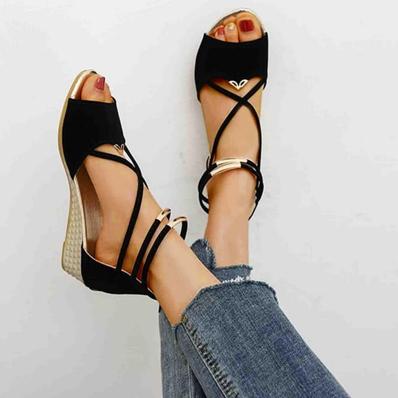 HAOTAGS Womens Summer Wedge Sandals Roman Fish Mouth Back Zipper Casual Beach Shoes Black Size 6