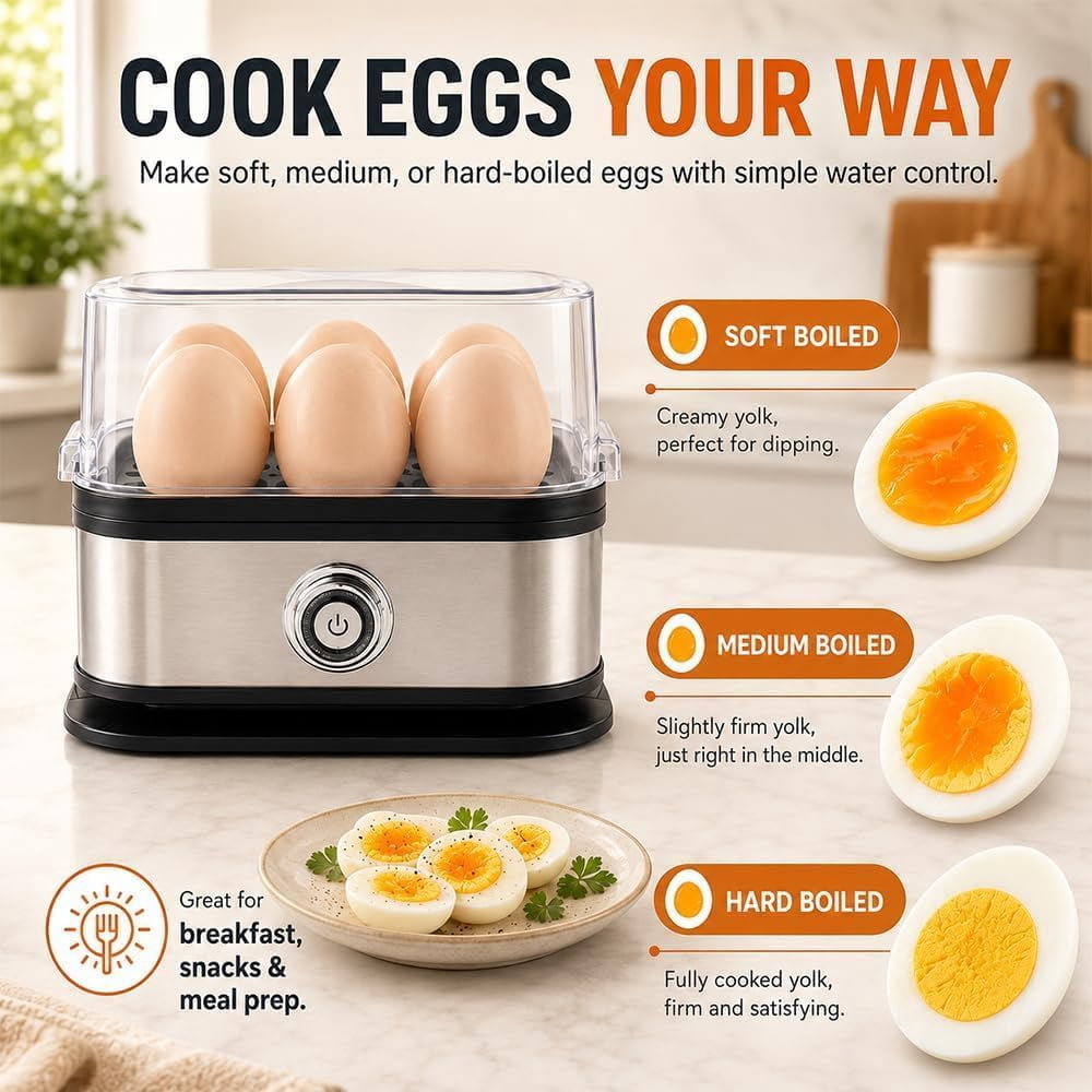 Multifunctional Egg Steamer with Clear Lid, Electric Egg Cooker for 6 Eggs with Auto Shutoff, 304 Stainless Steel Rapid Cooker with Dry-Burn Protection for Soft, Medium or Hard-Boiled Eggs (1PC)