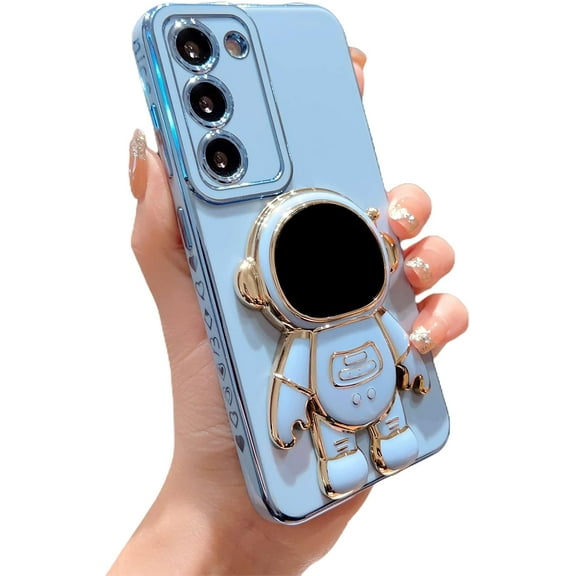 Compatible with Samsung Galaxy S23 5g 6D Plating Astronaut Hidden Kickstand Case Luxury Cute Heart Pattren Cover with Camera Protection Soft Silicone Shockproof Stand Holder Bumper (Blue)