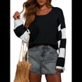 thumbnail image 1 of Suéter Informal de Mujer con Bloques de Color y Cuadros, Cuello Redondo, Larga, Jersey de Punto Corto. Negro M, 1 of 10