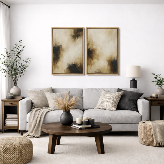 Framed Canvas Print Abstract Wall Art Set of 2 Neutral Modern Decorative for Living Room Bedroom - 16"x24"x2 NATURAL