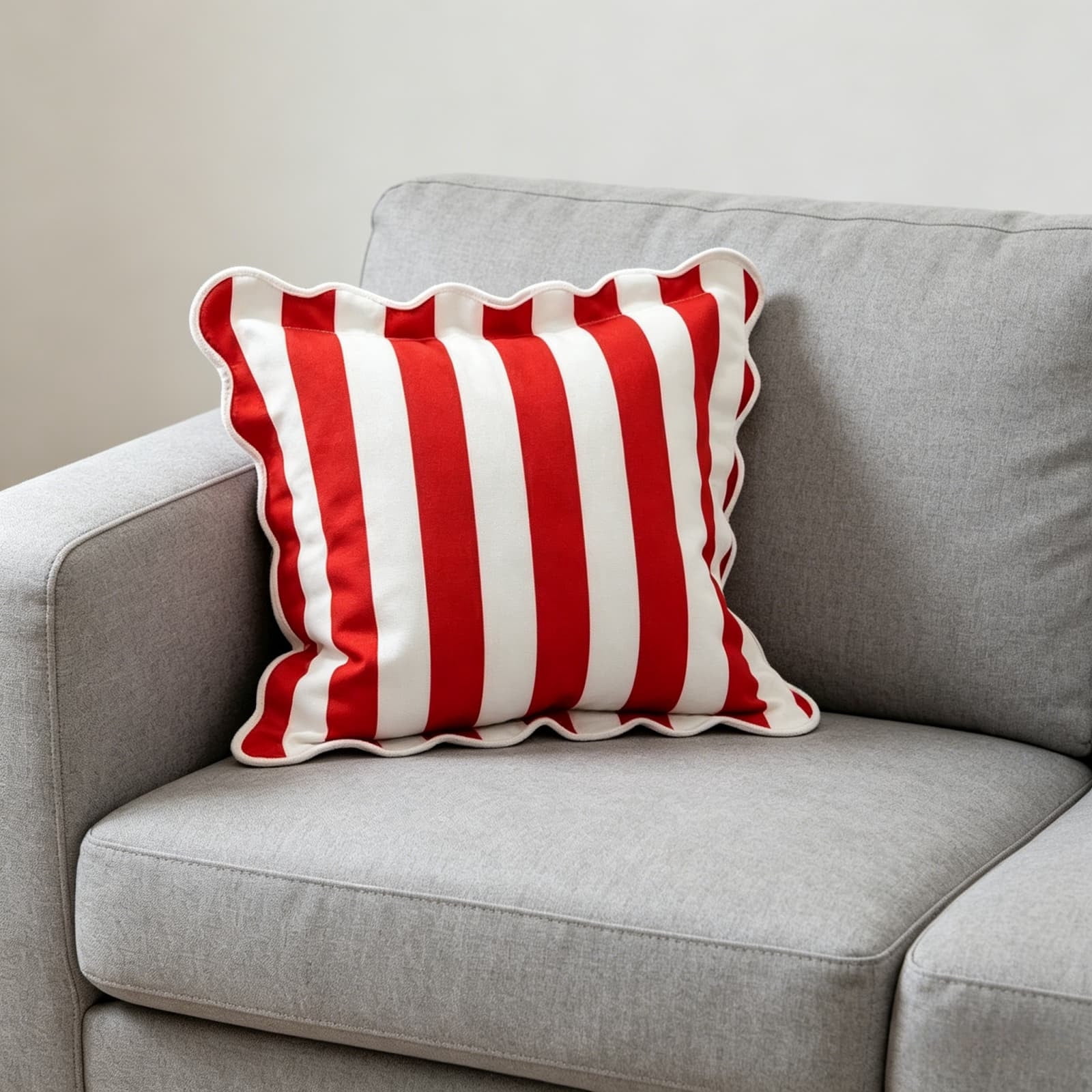 2026 New 18x18 Inch Red and White Striped Throw Pillow with Scalloped Edges, Patriotic Decorative Cushion for 4th of July, Americana Style Accent Pillow for Sofa and Bed