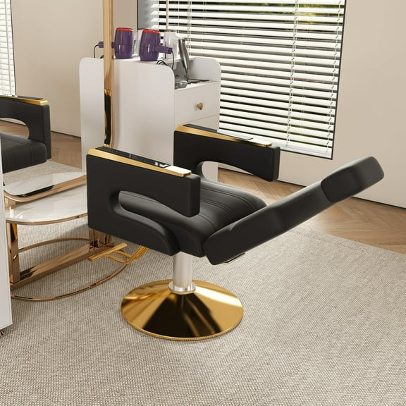Noble House PU Leather Hydraulic Barber Chair, 360° Swivel Reclining Salon Chair with Armrests, Black Gold