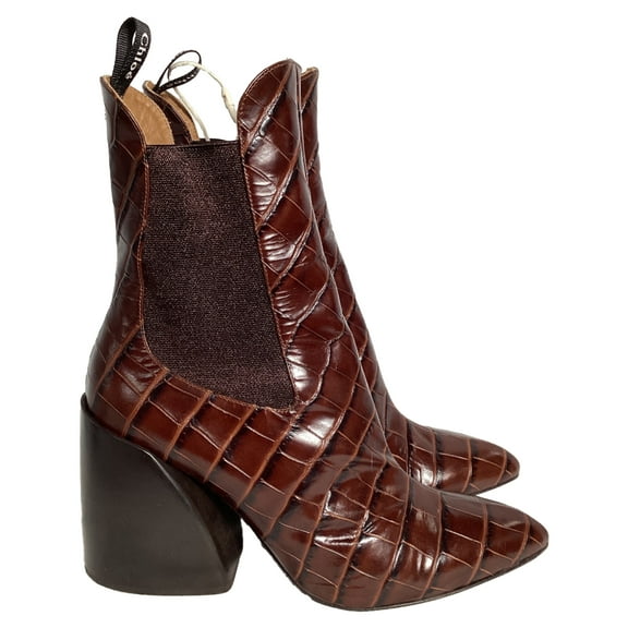 Pre-Owned Chloé Wave Crocodile-Embossed Ankle Boots in Brown Leather