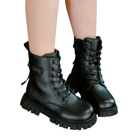 Rokment Girls Chunky Combat Boots Lace Front Side Zipper Lug Sole