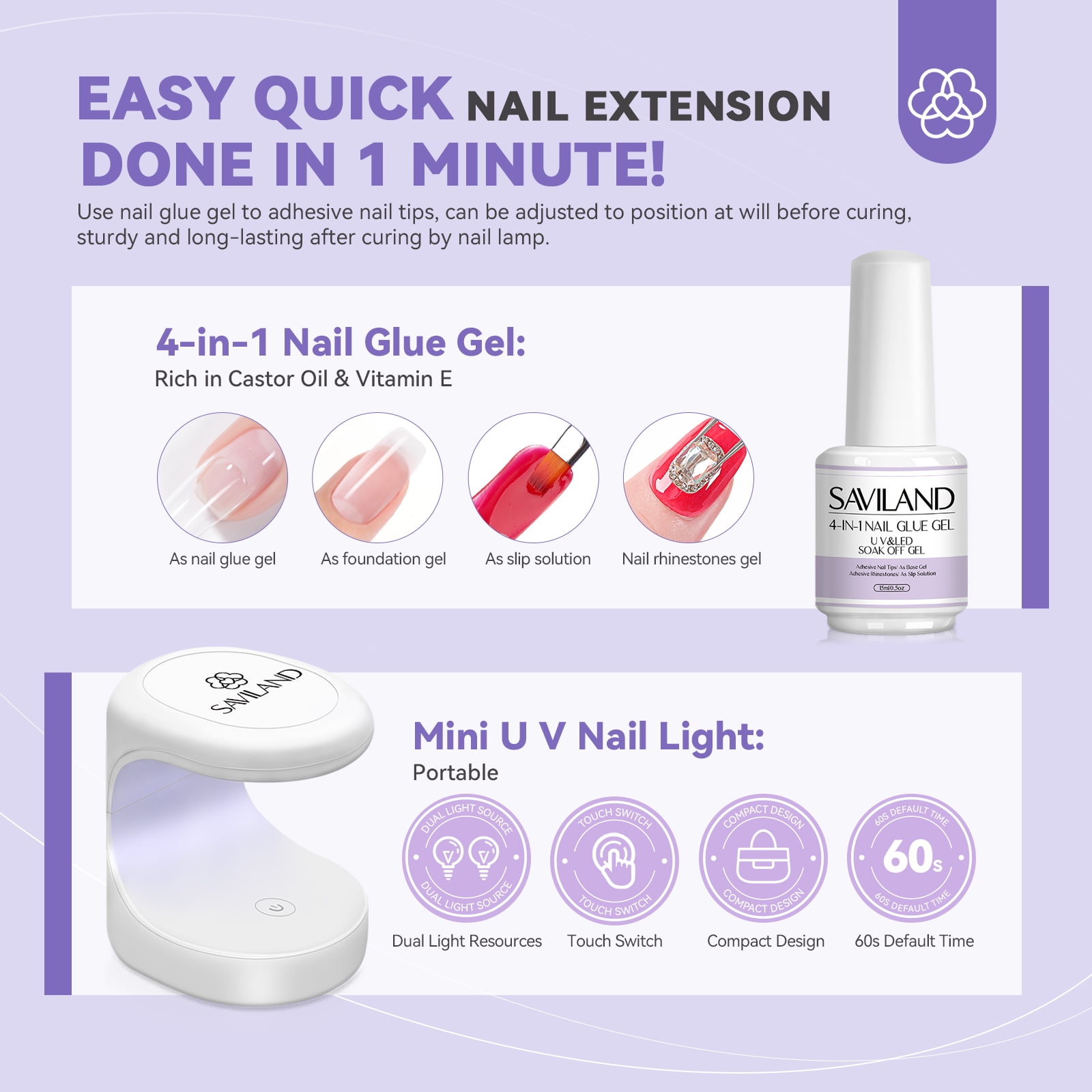 Saviland Gel X Nail Kit with Drill – Nails Tips and Glue Gel Kit with 4-in-1 Nail Glue Gel 500PCS Full Cover Short Coffin Nails Tips Nail Design Kit for Nail Extension