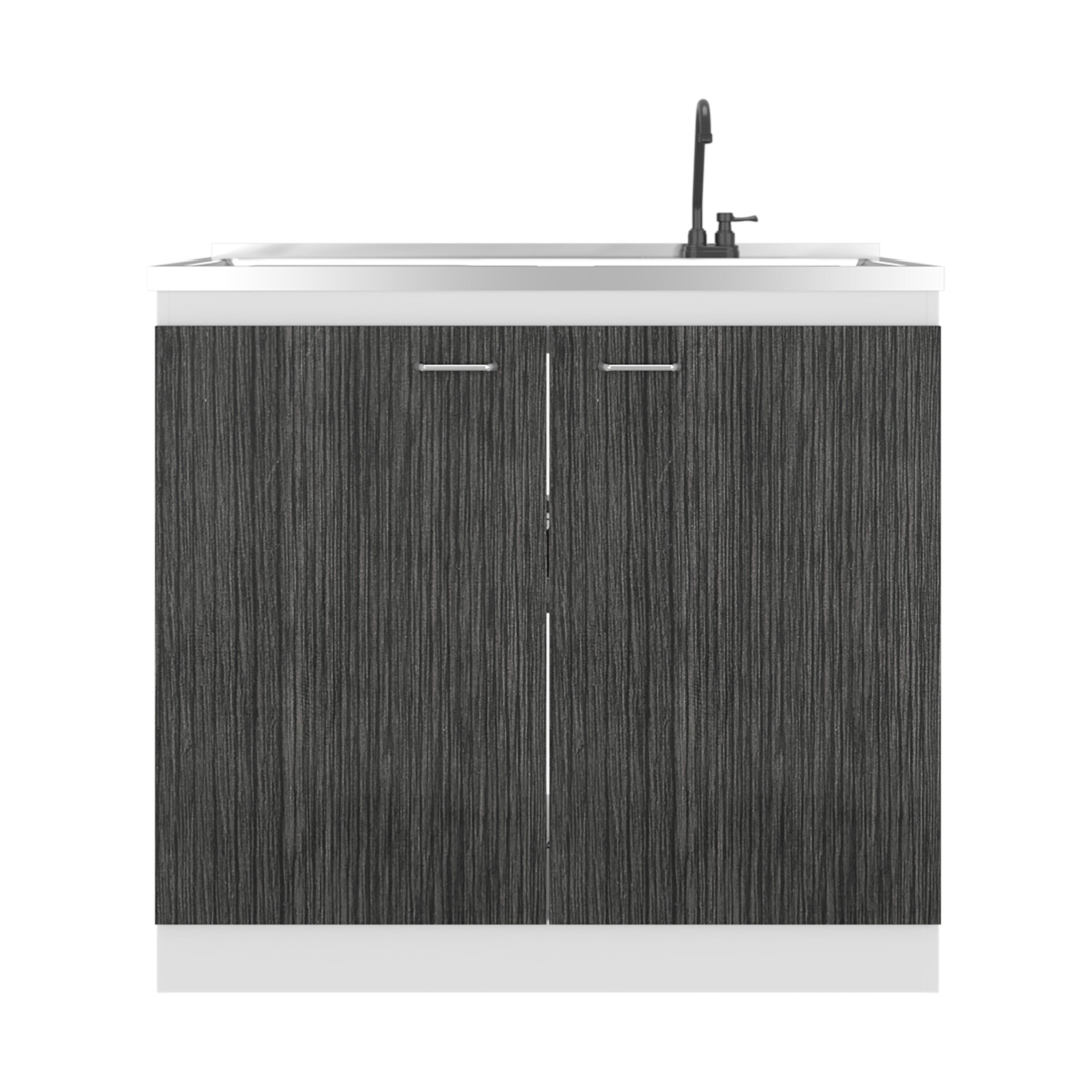 Undermount Kitchen Sink, Napoles Utility Sink with Faucet Inclued and Integrated Stainless Steel Counter top, Freestanding cabinet with two doors, Metal Handles and Two interior shelves, Gray+White