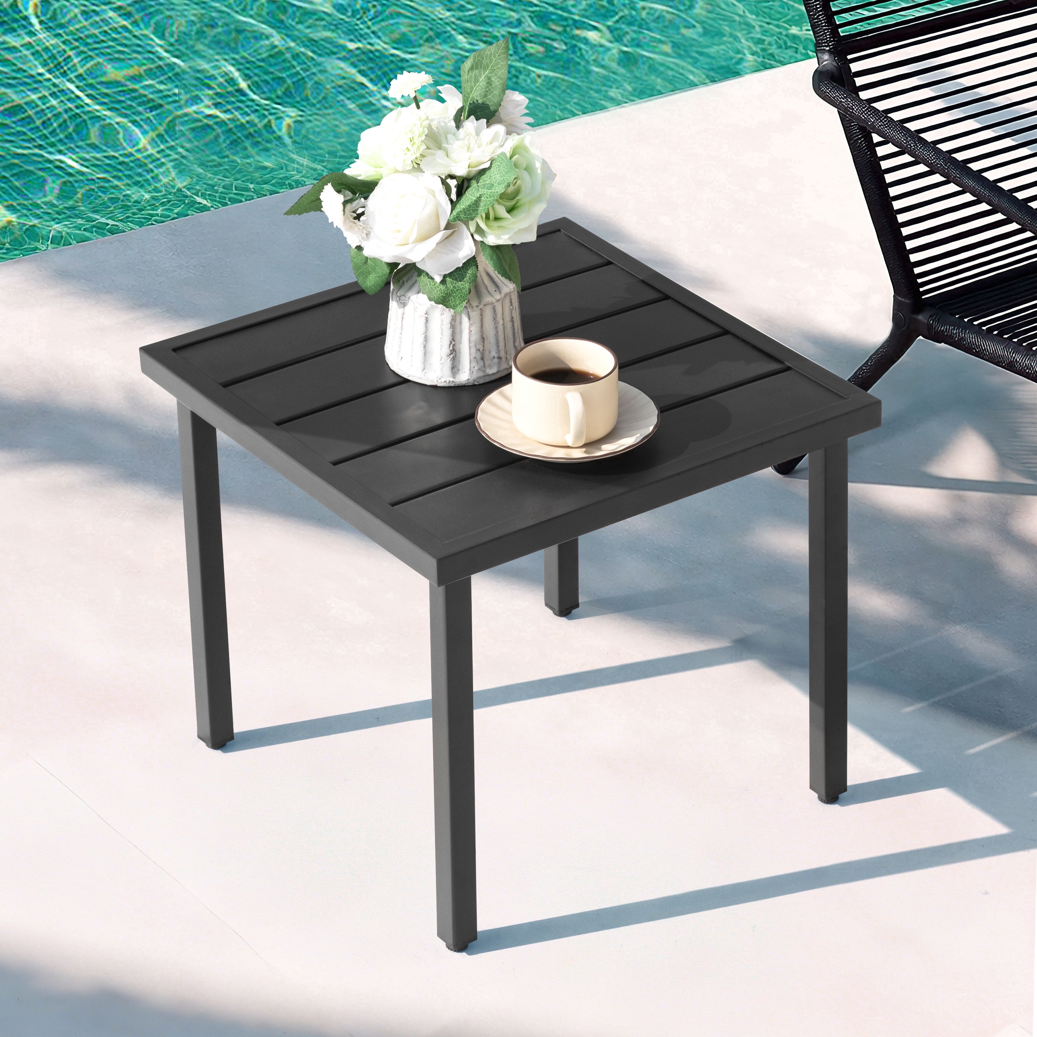 Nuu Garden Square Outdoor Side Table with Slatted Top and Adjustable Feet, Powder-Coated Metal Patio Table, All-Weather Patio Coffee Table for Backyard Pool Porch Garden Lawn, Black
