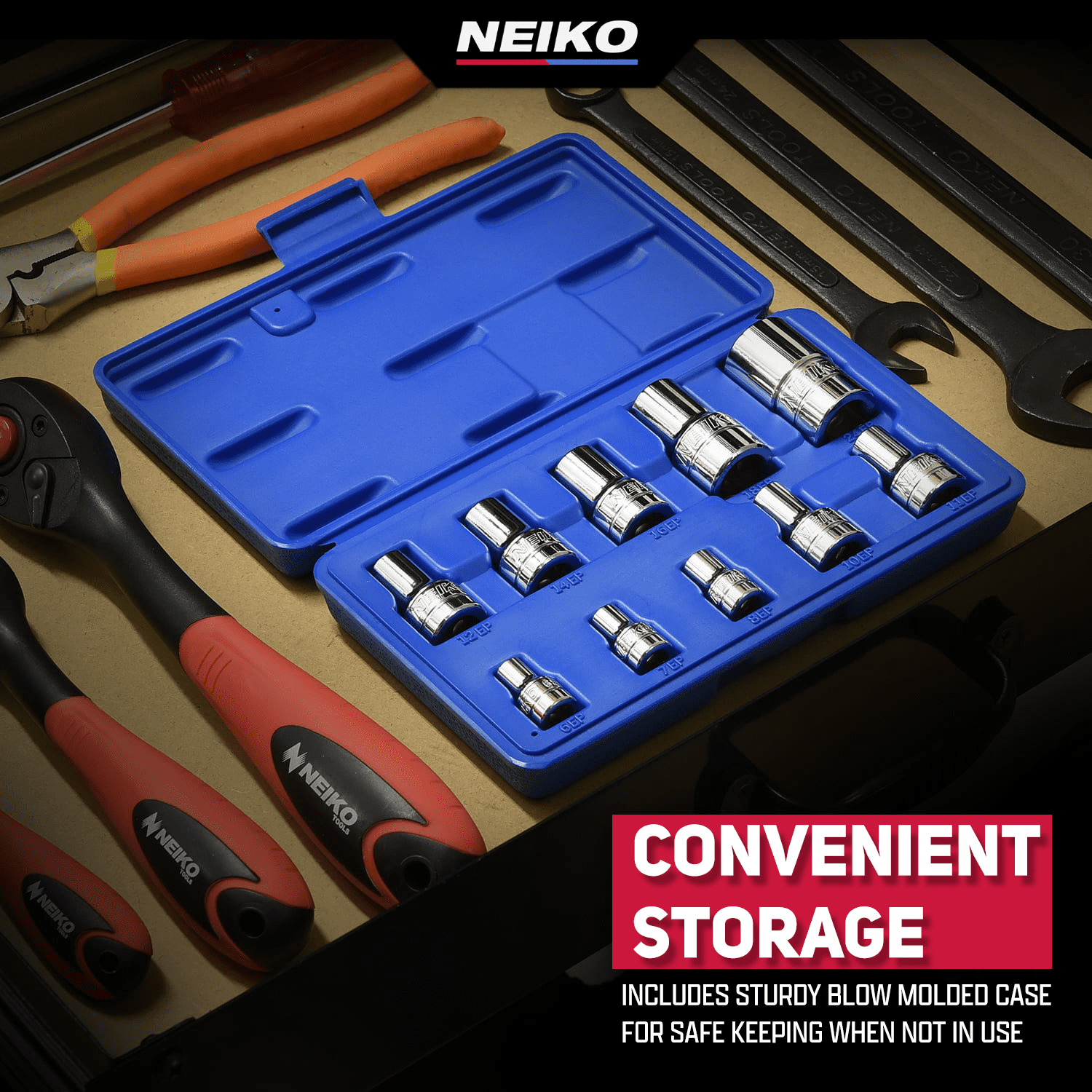 Neiko 02473A External Torx Plus Socket Set, 10 Piece | 1/4-Inch EP6 - EP8, 3/8-Inch EP10 - EP16, 1/2-Inch Square Drive EP18 and EP24 | CR-V Steel