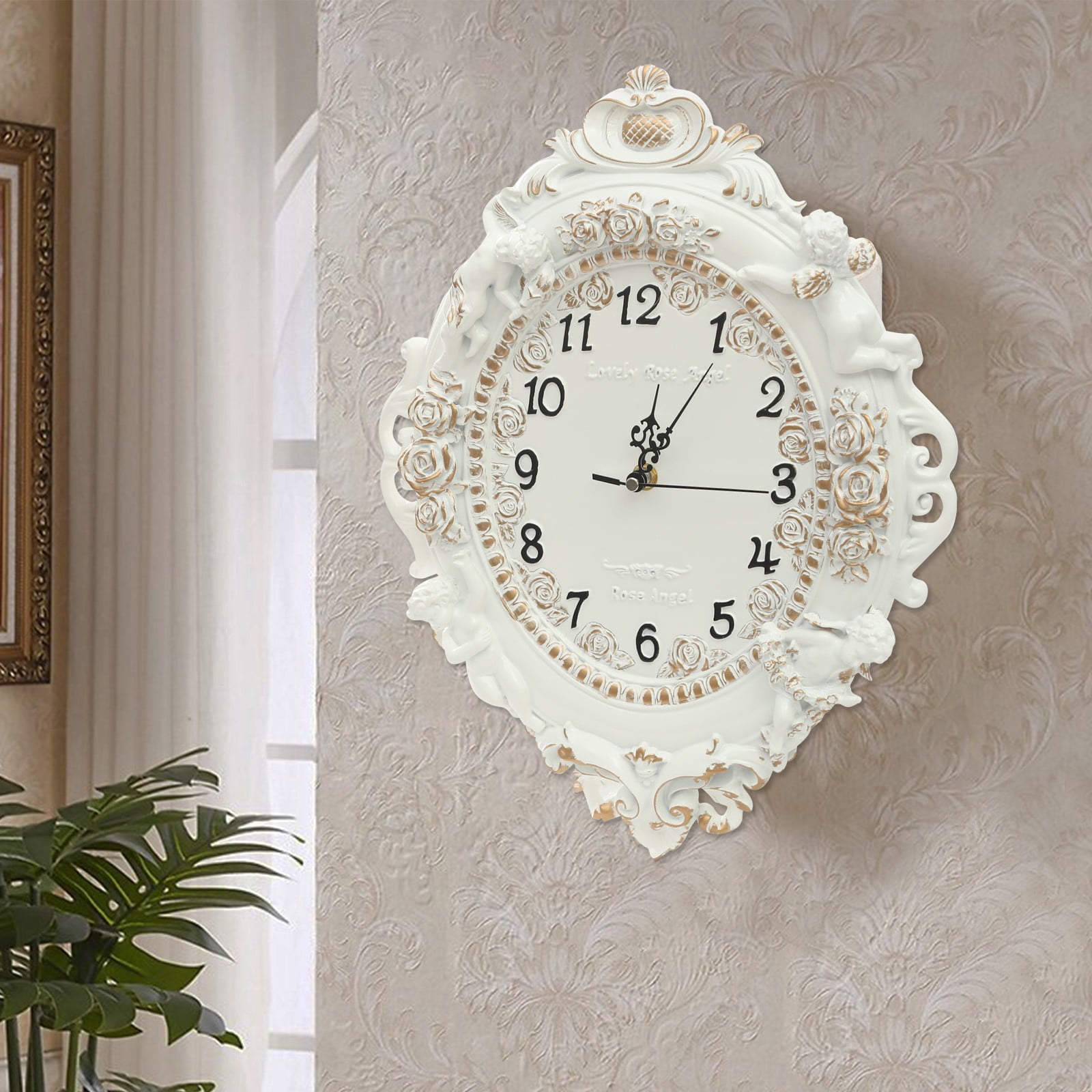 Decorative Wall Clock, European Style Off-White Ellipse Wall Clock for Home and Office Decor, Silent Quartz Movement Resin Wall-Mounted Clock for Living Room