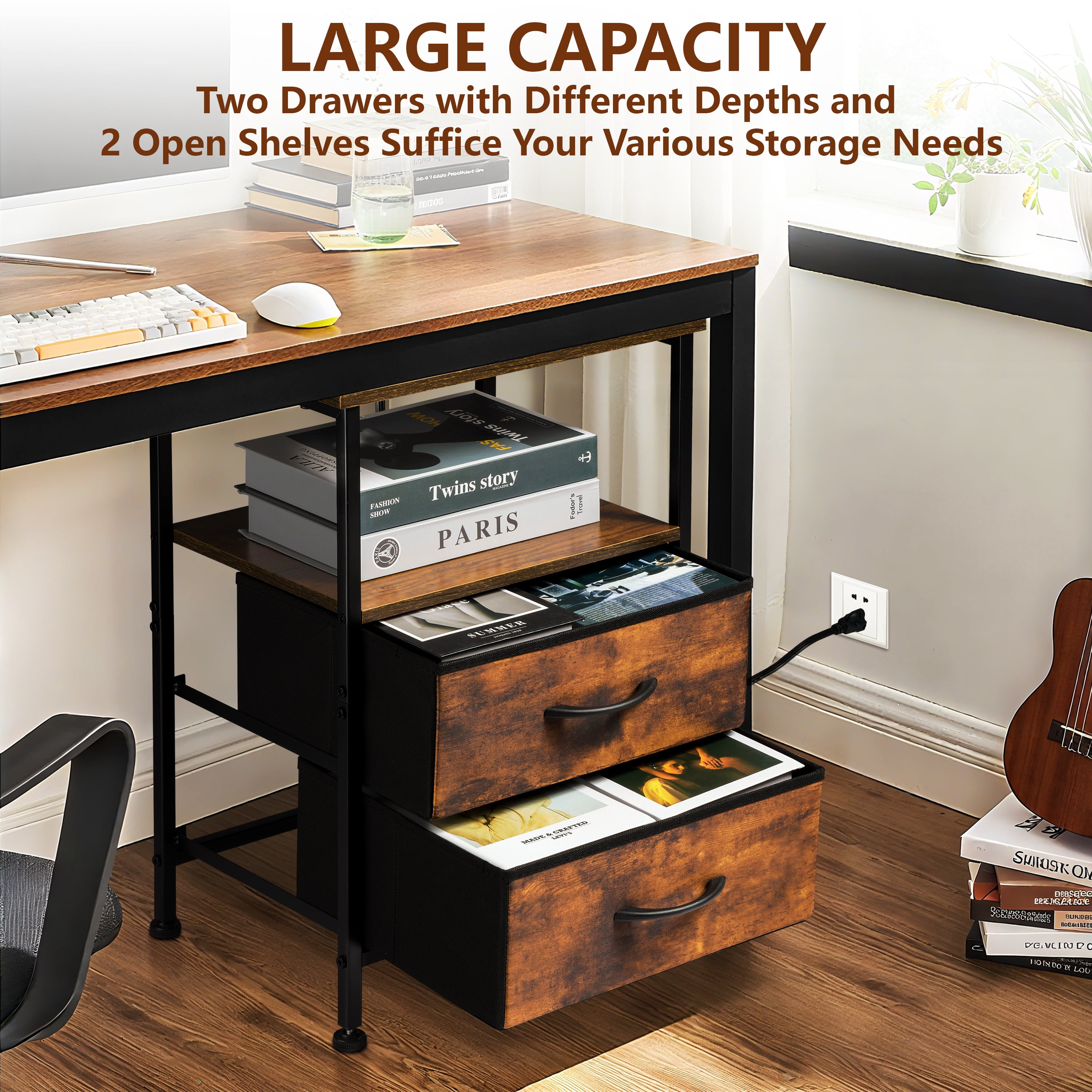 Coliware File Cabinet with Charging Station, Wood Printer Stand with Drawer Storage Shelves, Filing Organization Fits A4 Letter Size, Home Office Furniture for Under Desk Storage - Rustic Brown