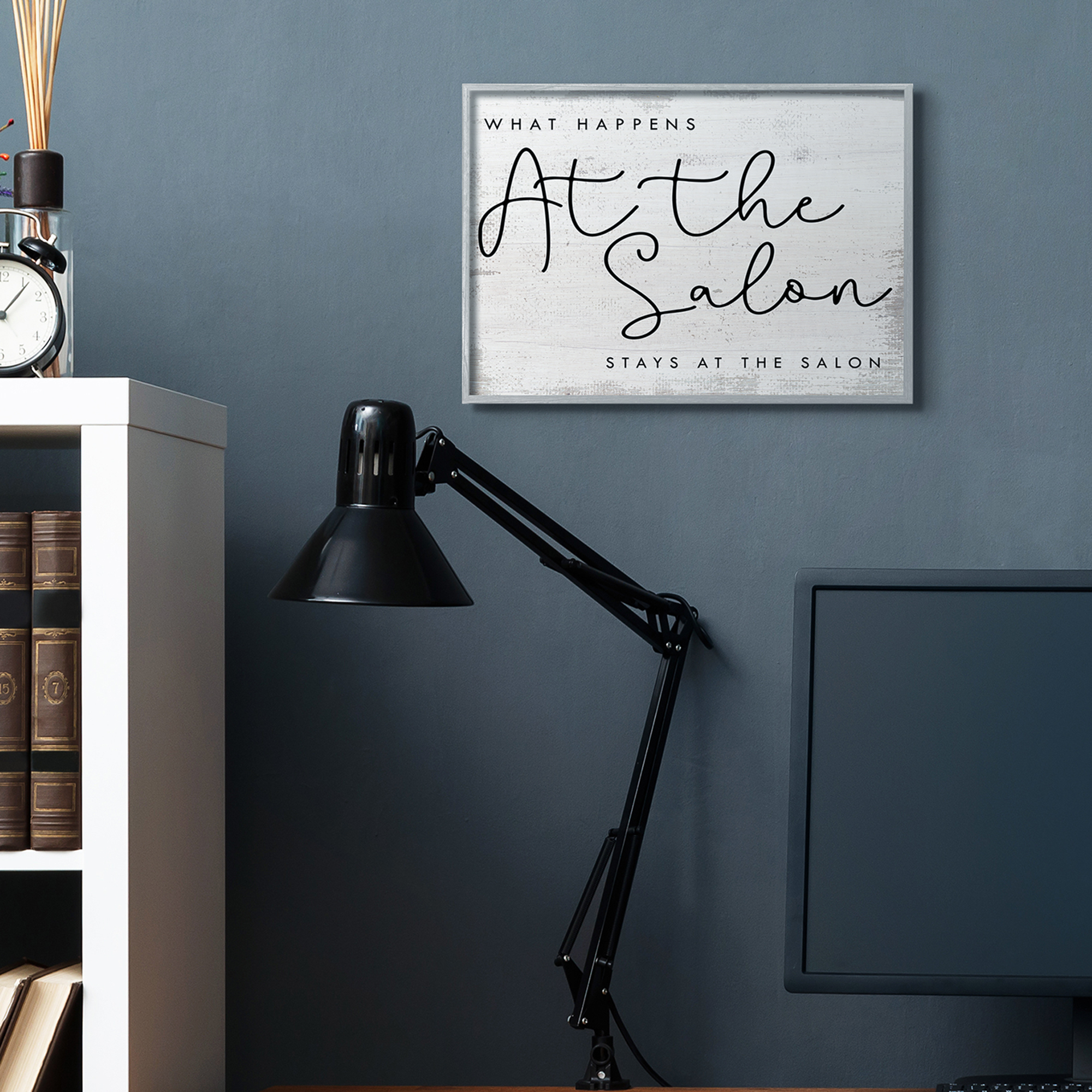 Stupell Industries What Happens at the Salon Phrase Beauty Sentiments Inspirational Painting Gray Framed Art Print Wall Art, 16 x 20