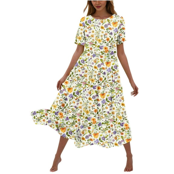 SEMPAI Summer Dresses Sun Dresses Short Sleeve Crew Neck Print Long Sundresses For Women 2025 Active for Christening Women's Plus Dresses