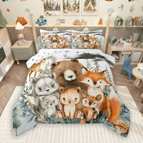 Manfei Cartoon Zoo Animal Queen Comforter Set 3 Pieces for Kids, Bear Fox Deer Bedding Sets, Woodland Wildlife Bedding Comforter Set, Microfiber Bedroom Decor