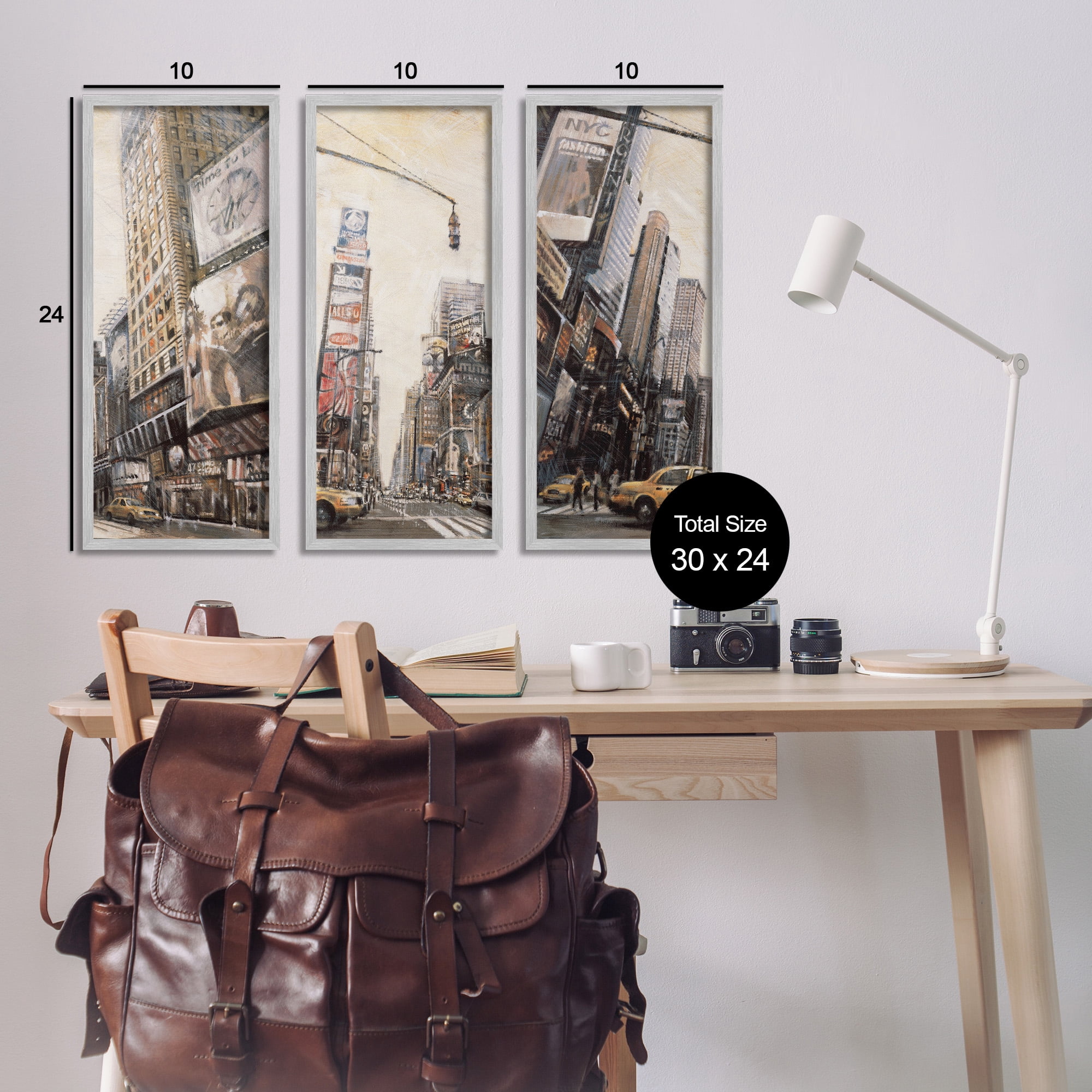 Stupell Industries New York City Streets Buildings Transportation Painting Gray Framed Art Print Wall Art, 10 x 24, Set of 3