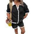thumbnail image 3 of Short Sleeved Women Casual Crochet Set Lapel Button Down Cardigan Tops and Shorts, 3 of 6