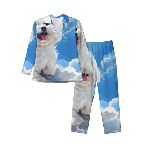 Fotbe Cute Cloud Bichon Frise Pijama de Hombre con Estampado de Manga Larga, Conjunto de 2 Piezas, Ropa de Dormir Suave y Cómoda con Bolsillos-X-Large