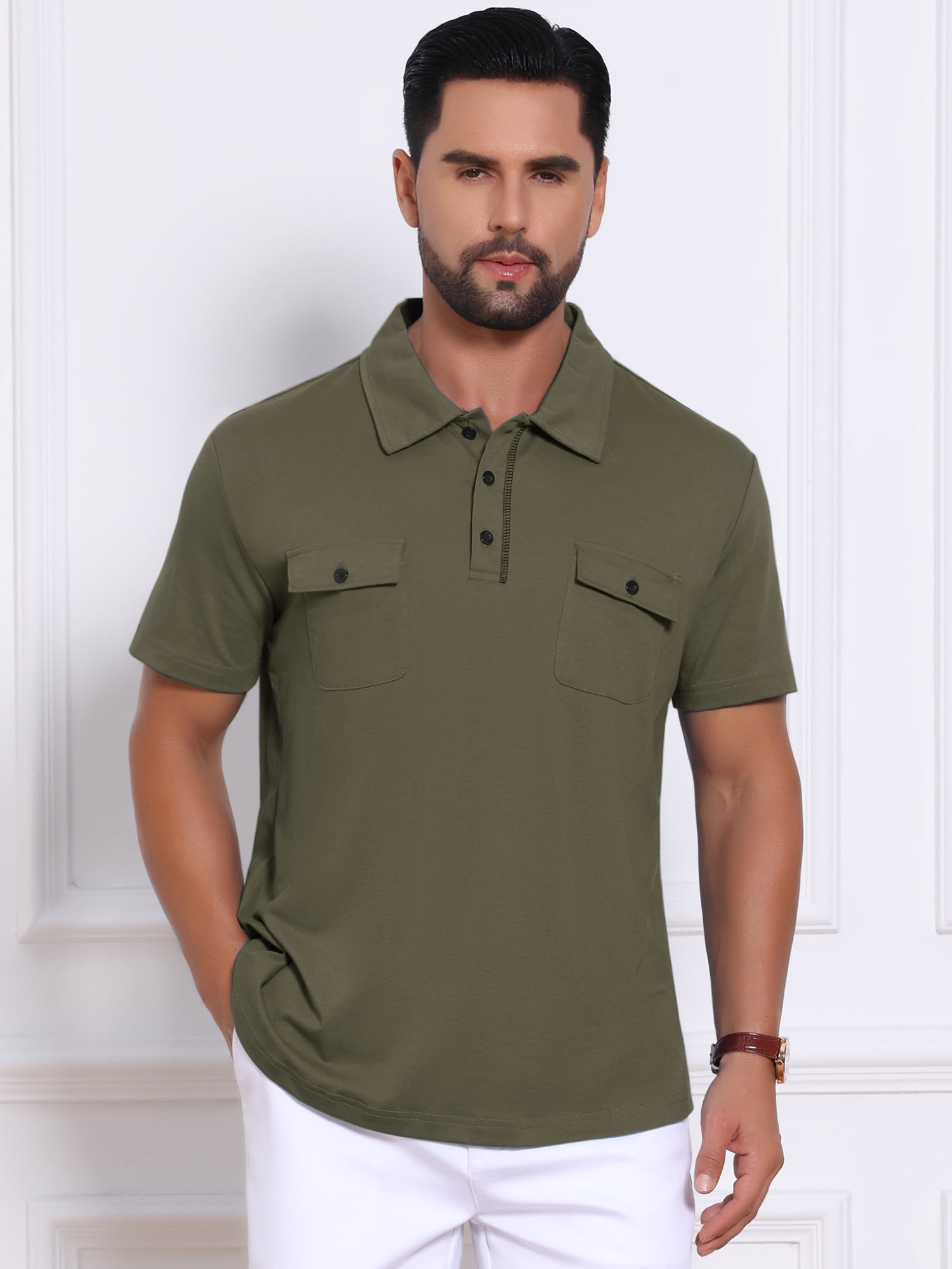 DARING DIVA Men's Collared Short Sleeve Double Chest Pockets Polo Shirt 2XL Olive Green