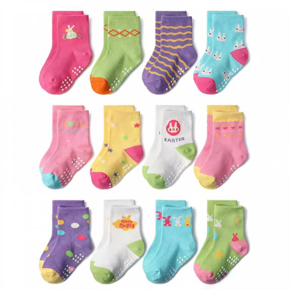 TELOLY 12Pairs Kids Socks,0-1 Years Old Non Slip Socks,Cotton Socks Baby Girl Socks,Style11,S