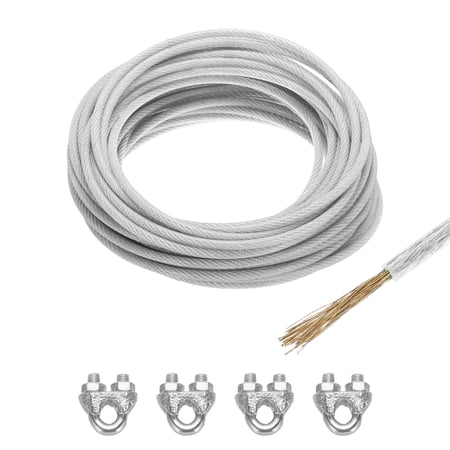 Uxcell 1/4 Clear Vinyl Coated Wire Rope 49ft Galvanized Steel with 4PCS M6 Loop Sleeves