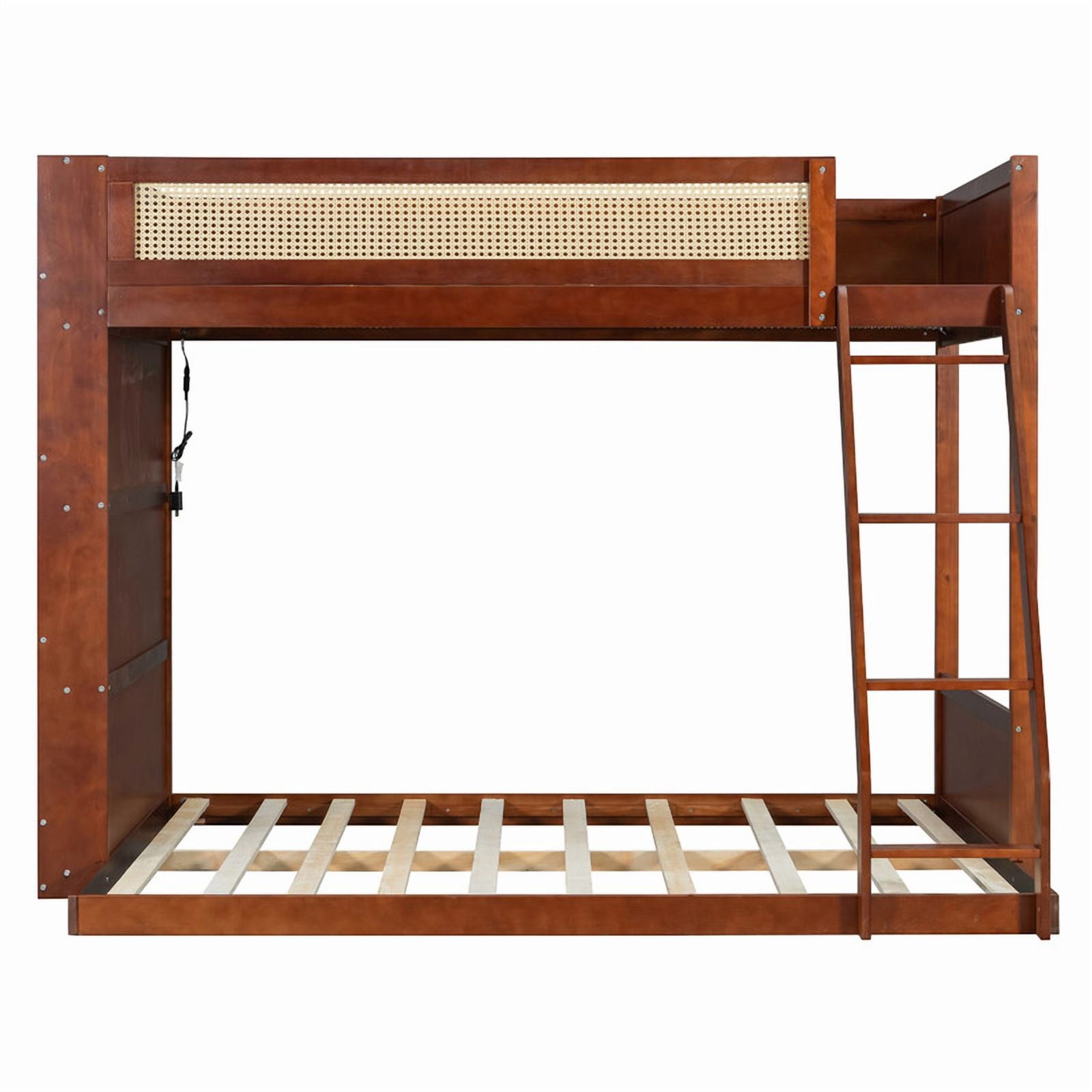 Twin-Over-Full Bunk Bed with Built-in Ladder & LED Strip, Storage Wooden Bed Frame with Bookshelf & Rattan Guardrail