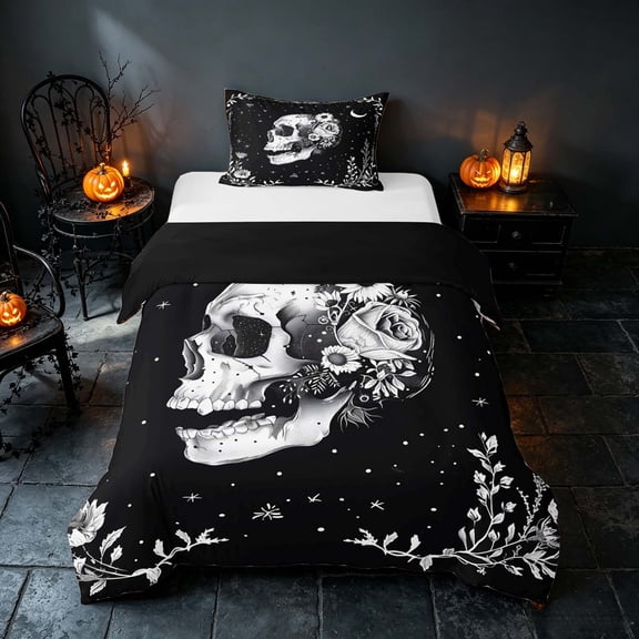 Homewish Sugar Skull Twin Duvet Cover, Celestial Stars Twin Bedding, Black White, Black Reversible 2 Pieces, 1 Duvet Cover and 1 Pillowcase