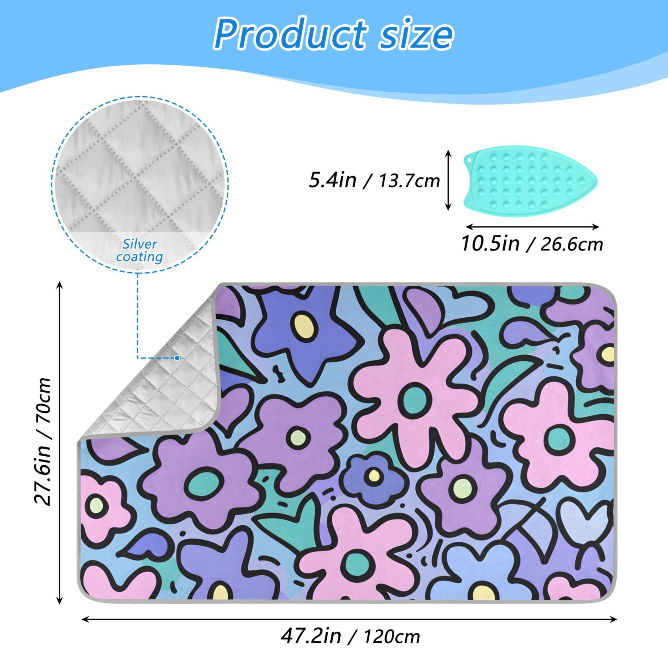 Cartoon Flowers Ironing Mat Blanket Portable Travel Ironing Pad Heat Resistant Pad 47.2" x 27.6”
