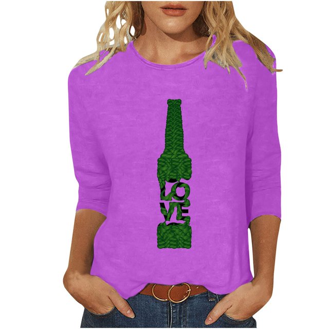 Pompotops T-Shirt d'Été Décontracté pour Femmes Imprimé Bière Col Rond Manches 3/4 Ample en Solde